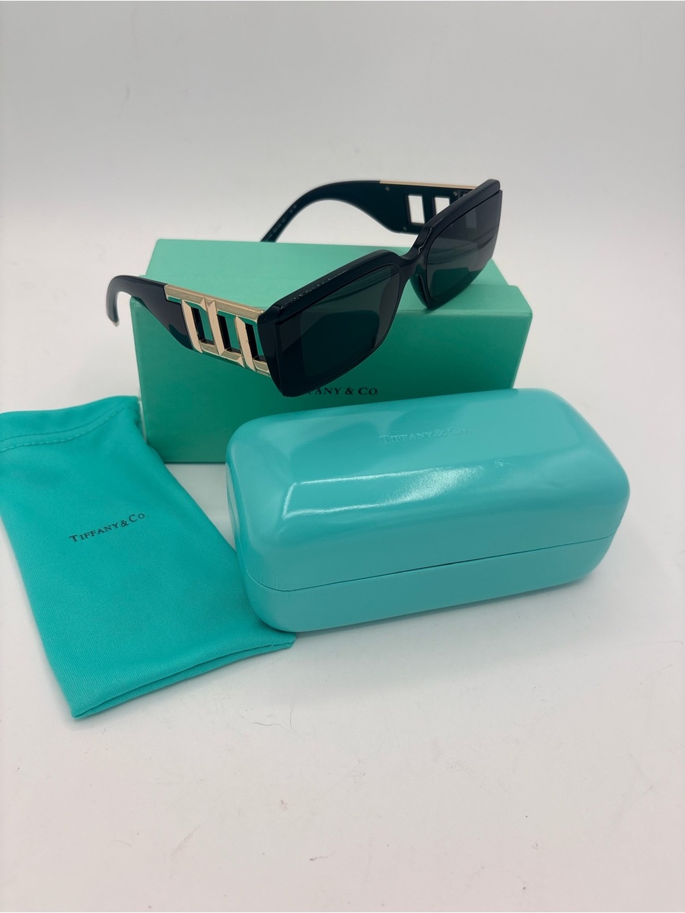 Tiffany & Co. Black Rectangular Sunglasses with Gold Accent